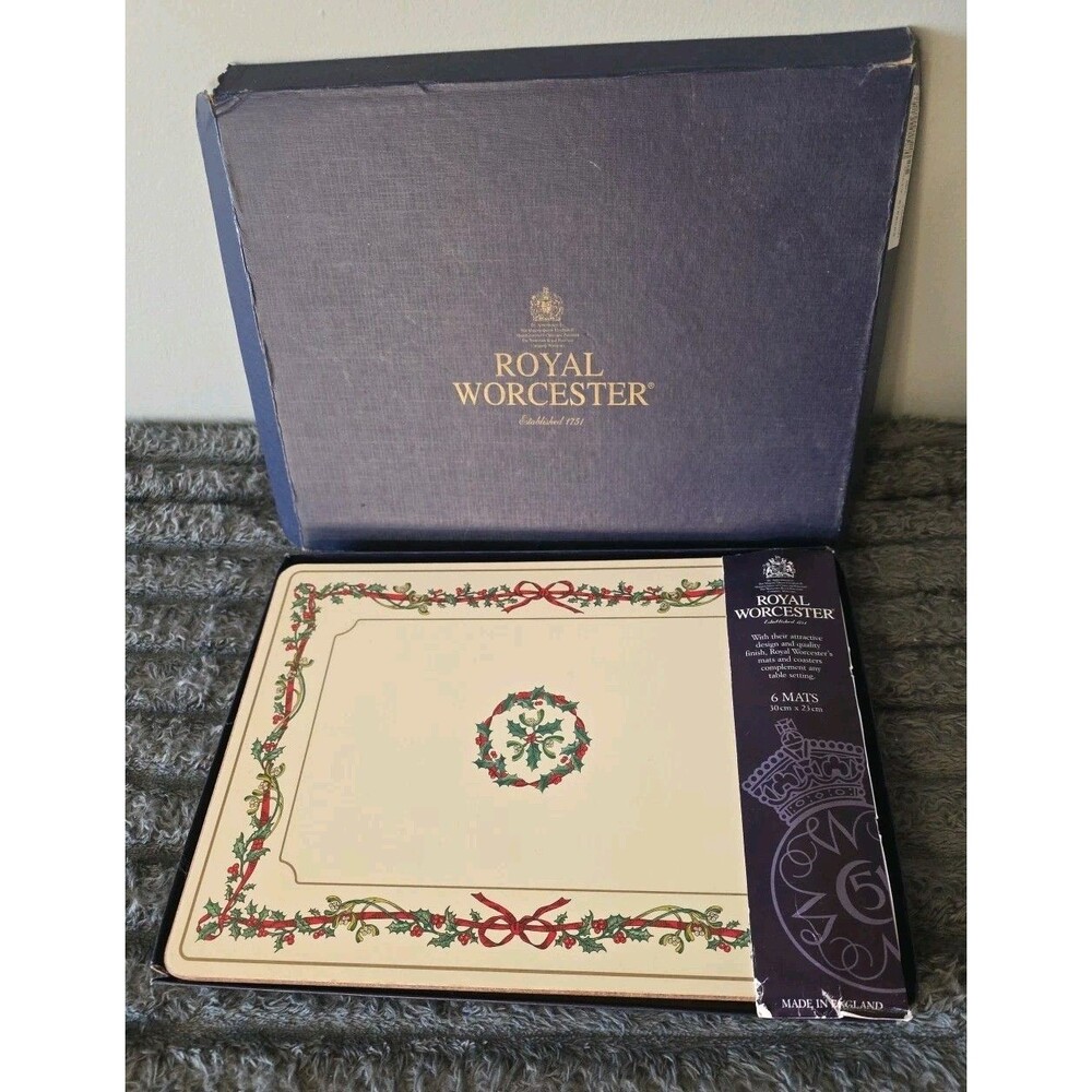 Royal Worcester 6 Holly Ribbons Placemats Christmas Bows Cork Backed 12”x9” VTG